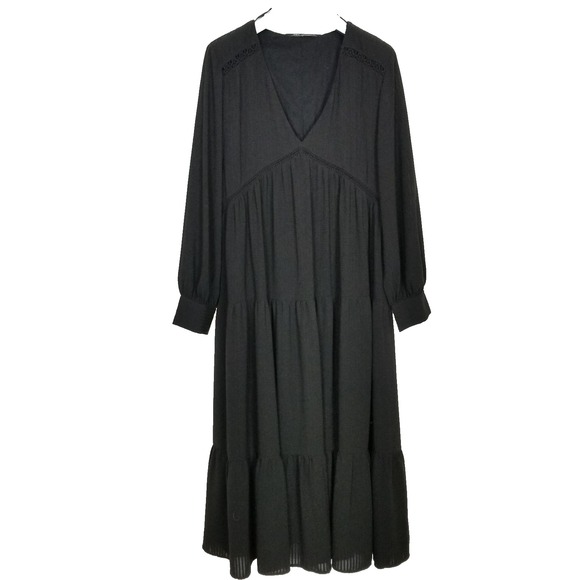 Zara Dresses & Skirts - Zara Women Textured Midi Tiered Dress Sz L Black V Neck Boho Relaxed Vacation